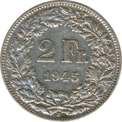 Schweiz 2 Franken 1945 B Stehende Helvetia Silber*