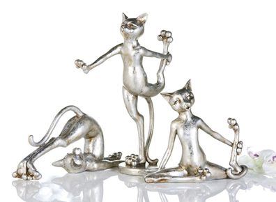 GILDE Figur, Katze, "Cat-Aerobic", Kunstharz, silberfarben, , 3 Stück wie abgebild