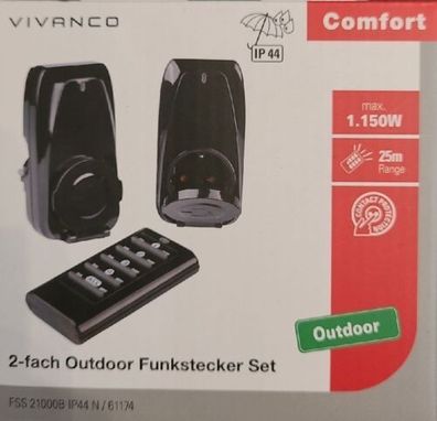 2 Fach Outdoor Funkstecker Set 1150W Außen und Innen Outdoor in Schwarz