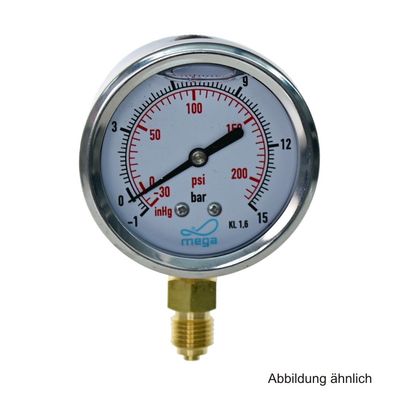 Glyzerinmanometer, AG, Anschluss 1/4", unten, -1 - 15 bar, Gehäuse 63 mm