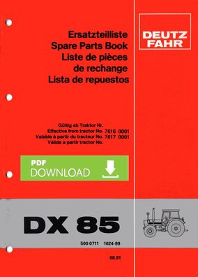 Ersatzteilliste für den Deutz Fahr Traktor DX 85 in 4 Sprachen
