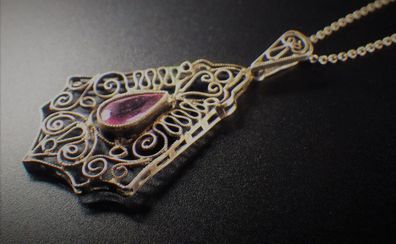 Jugendstil Art Deco Collier Silber vergoldet mit rosa Stein Kollmar + Jourdan