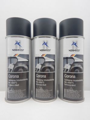 3x Lackspray SPRAY CORONA Schwarz MATT Hitzebeständig 650°C LACK 400ML