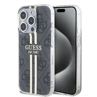 Guess IML 4G Gold Stripe Cover Hülle für iPhone 15 Pro - Schwarz