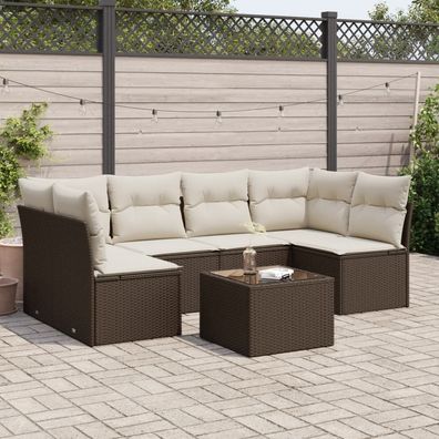 vidaXL 7-tlg. Garten-Sofagarnitur mit Kissen Braun Poly Rattan