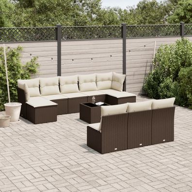 vidaXL 11-tlg. Garten-Sofagarnitur mit Kissen Braun Poly Rattan