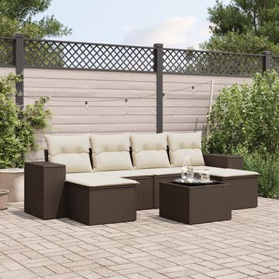 vidaXL 7-tlg. Garten-Sofagarnitur mit Kissen Braun Poly Rattan