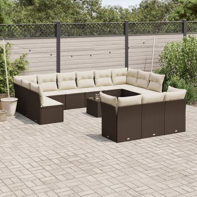 vidaXL 14-tlg. Garten-Sofagarnitur mit Kissen Braun Poly Rattan