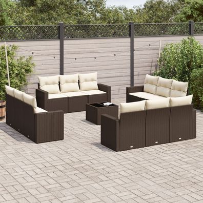 vidaXL 13-tlg. Garten-Sofagarnitur mit Kissen Braun Poly Rattan