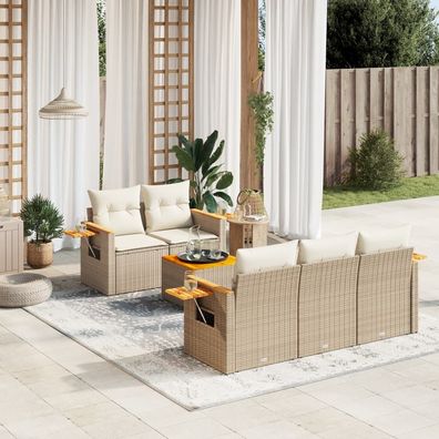 vidaXL 6-tlg. Garten-Sofagarnitur mit Kissen Beige Poly Rattan