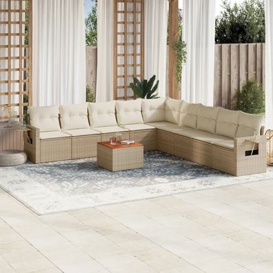 vidaXL 10-tlg. Garten-Sofagarnitur mit Kissen Beige Poly Rattan