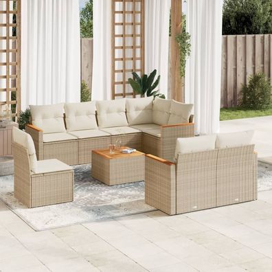 vidaXL 9-tlg. Garten-Sofagarnitur mit Kissen Beige Poly Rattan