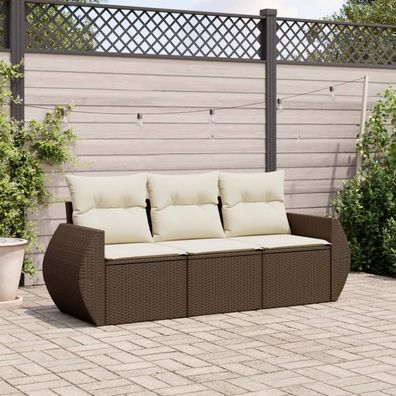 vidaXL 3-tlg. Garten-Sofagarnitur mit Kissen Braun Poly Rattan