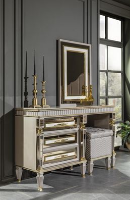 Schlafzimmer Set Beige Kommode Spiegel Metall Möbel Design Möbel 3Tlg