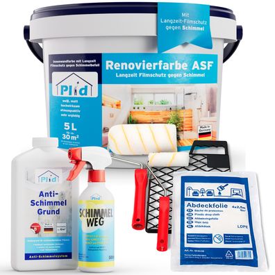 plid® Anti-Schimmelfarbe , Weiß 5L + 500ml Anti Schimmelspray + 1L Anti-Schimmelgrund