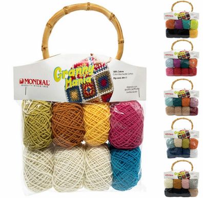 Set 8 x 30g Mondial Granny Mania Garn mit Zubehör zum Häkeln einer Häkeltasche