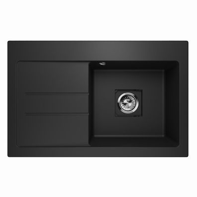 Waschbecken Einzelbecken Spüle Granit QUBE 1.0 Links Schwarz 78x50cm Siphon 10377