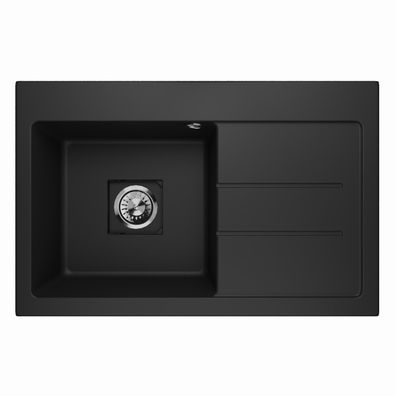 Waschbecken Einzelbecken Spüle Granit QUBE 1.0 Rechts Schwarz 78x50cm Siphon 10371