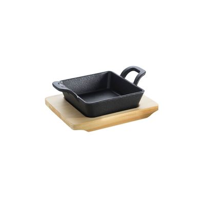Gusseisenpfännchen -quadratisch- mit 2 Griffen 14 x14 cm und Holzuntersetzer