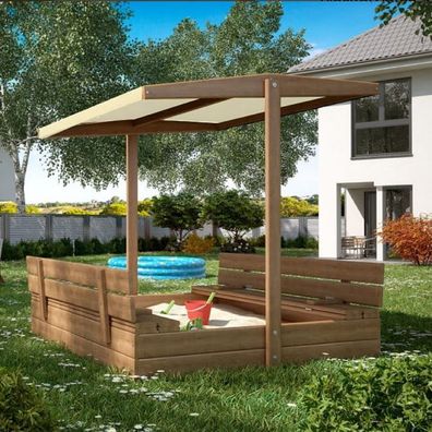 Sandkasten aus Holz mit Sitzbank Dach Sandbox 150x150 cm Imprägniert Beige 10924