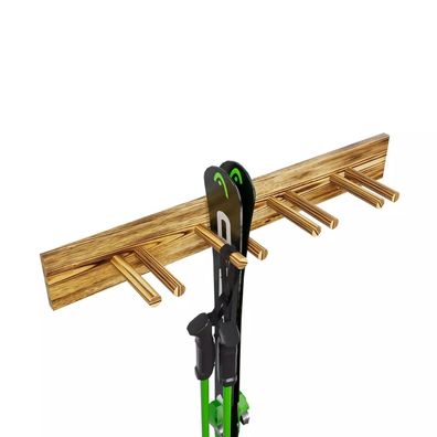 QLS Wand Skihalterung 90 cm für 4 Paar geflammt Nordic Walking Stöcke aus Holz 11015