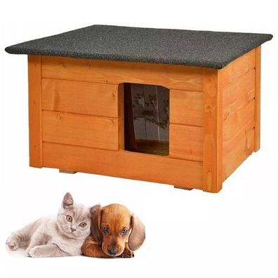 QLS Hunde- Katzenhaus aus Holz 53x39 cm Isoliert Winterfest Montiert Outdoor 10980