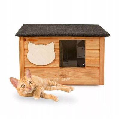 QLS Katzenhaus aus Holz 53x39cm mit Matratze Isoliert Montiert Braun Winterfest 10982