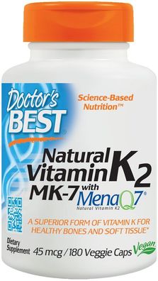 Natural Vitamin K2 MK7 with MenaQ7, 45mcg - 180 vcaps