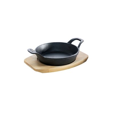 Gusseisenpfännchen mit 2 Griffen Ø 12 cm und Holzuntersetzer