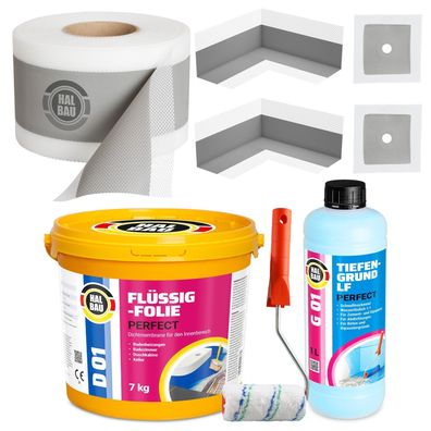 Dichtset Flüssigfolie 7Kg Tiefengrund Dichtband 10m Ecken Farbroller 10cm H18