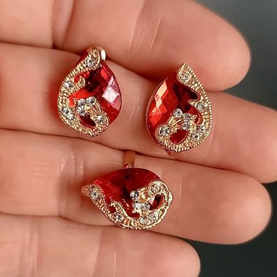 Pfau Ring und Ohrringe, Ohrstecker Schmuckset, Set, Rot