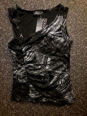 SeXy Miss Damen Girly Tank Top Glitter Straß XS/S Abend Shirt schwarz silber Neu