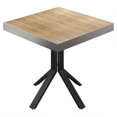 BE | Bistro Tisch | 70 x 70 x 77 cm | Quadratisch | Edelstahl Rand | Eiche / Schwarz