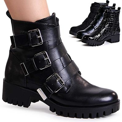topschuhe24 1661 Damen Plateau Stiefeletten Worker Boots
