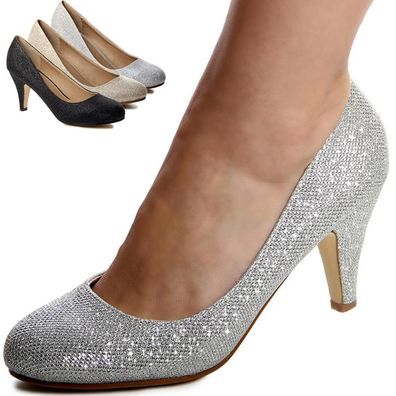 topschuhe24 432 Damen Glitzer Pumps Plateau