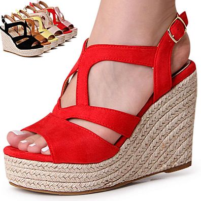 topschuhe24 1861 Damen Keilabsatz Sandaletten Riemchen Plateau Sandalen