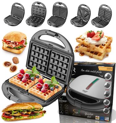 ADLER AD3040 Sandwichmaker 5 in 1, 1200W, Waffeleisen, Sandwichtoaster, K. Grill