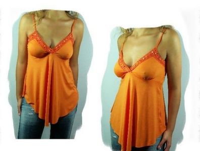 Sexy Miss Damen Girly Tunika Top Babydoll Perlen Häkelspitze 34/36/38 NEU orange