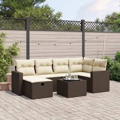 vidaXL 7-tlg. Garten-Sofagarnitur mit Kissen Braun Poly Rattan