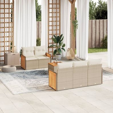 vidaXL 6-tlg. Garten-Sofagarnitur mit Kissen Beige Poly Rattan