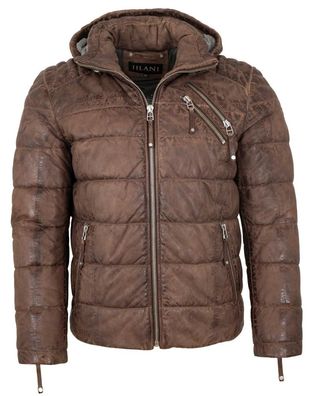 Jilani - Herren Lederjacke Steppjacke Kapuze Lammnubuk mittelbraun