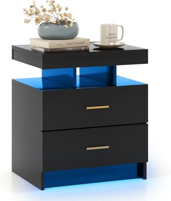 Nachttisch mit LED-Beleuchtung, Nachtschrank Hochglanz, Beistelltisch mit 2 Schublade