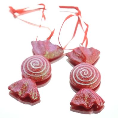 Weihnachtsanhänger Bonbon Rot / Weiß mit Glitter 7,5 cm aus Polyresin - 2er Pack