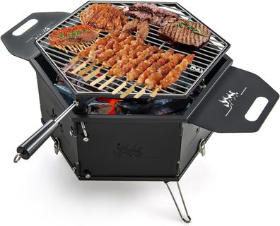Holzkohlegrill mit 360¡ã drehbarem Grill, Klappgrill, Campinggrill mit Griffen