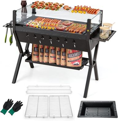 Holzkohlegrill mit Windschutz, Wärzregalen & Ablage, Campinggrill, Grillfläche