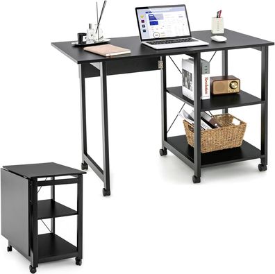 Klappbarer Computertisch, Moderner Schreibtisch mit 2-stufigen Ablagef?chern & 6 R?de