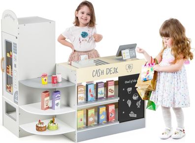 Kinder Kaufladen, Kaufmannsladen aus Holz mit Seitentheke, Supermarkt-Set mit Kasse