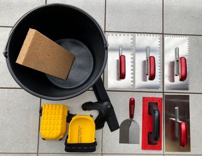 Fliesenlegerset 9teilig Waschset Fugbrett Zahnkellen Knieschützer ConToo CT02