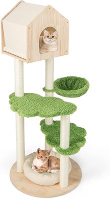 139 cm Kratzbaum Holz, Katzenkratzbaum mit Katzenhaus & Hängematte & Katzenbett