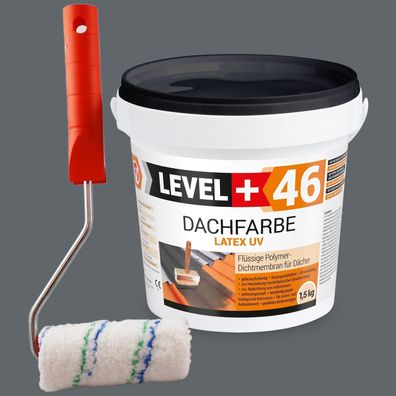 Dachfarbe 1,5kg Flexible Sockelfarbe Dachlack Steingrau + Farbroller 10cm Set RM46